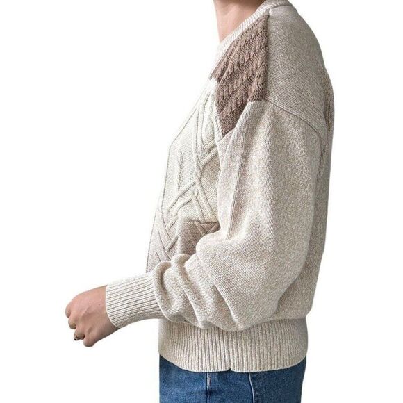 Vintage 1990s Tan Brown Checkered Cotton Chunky Oversized Sweater Sz XL - Picture 3 of 4